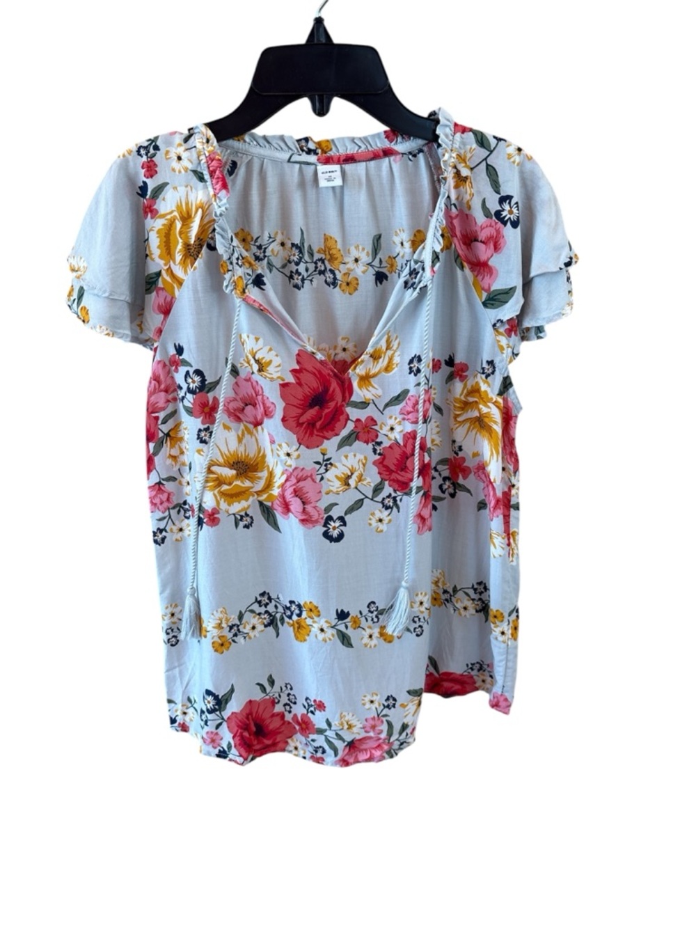 Old Navy Light Gray Floral Tie-Front Ruffle Sleeve Blouse